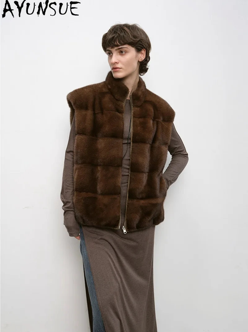 AYUNSUE Women Reversible Mink Fur Down Vest Stand Collar Fur Gilet Ladies Autumn Winter Clothing Loose Fit Chalecos Para Mujer