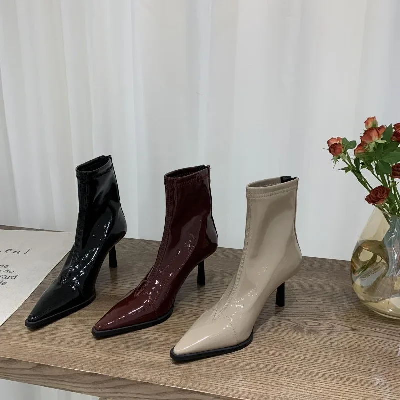 Boots Women New 2023 Zipper Pointe Shoes Winter Footwear Pointy Autumn Ladies High Heel Ankle Rubber Leather Microfiber Solid R