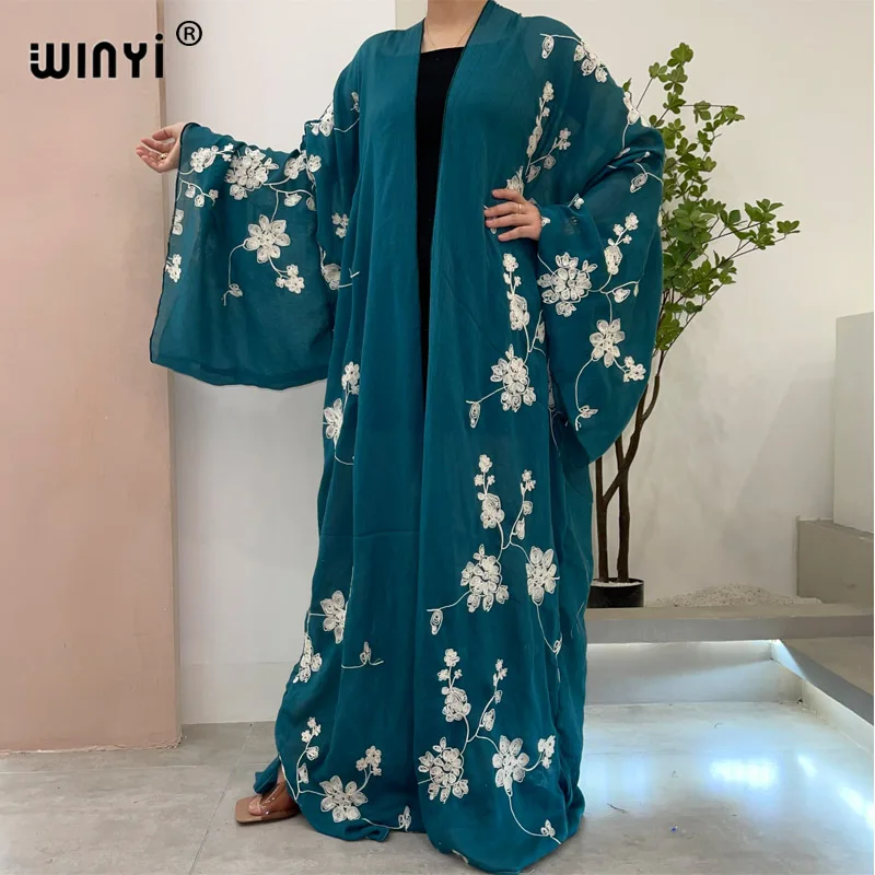 2022 Autumn WINYI Dress Embroidery Beach Wear Swim Suit Cover Up Boho Cardigan Fashion Elegant Sexy Holiday Long Sleeve Kimono