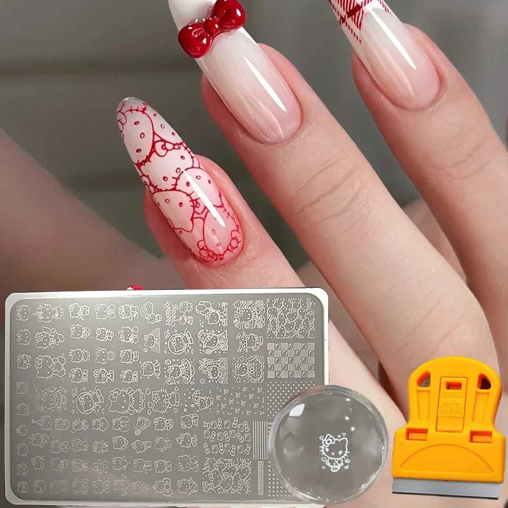 3 pz Kawaii Hello Kitty Nail Stamping Piastra-Scraper-sigillo Set Nuovo 14.5*9.5 cm Kitty Punti d'onda Linee Piastra in acciaio per unghie Forniture TL