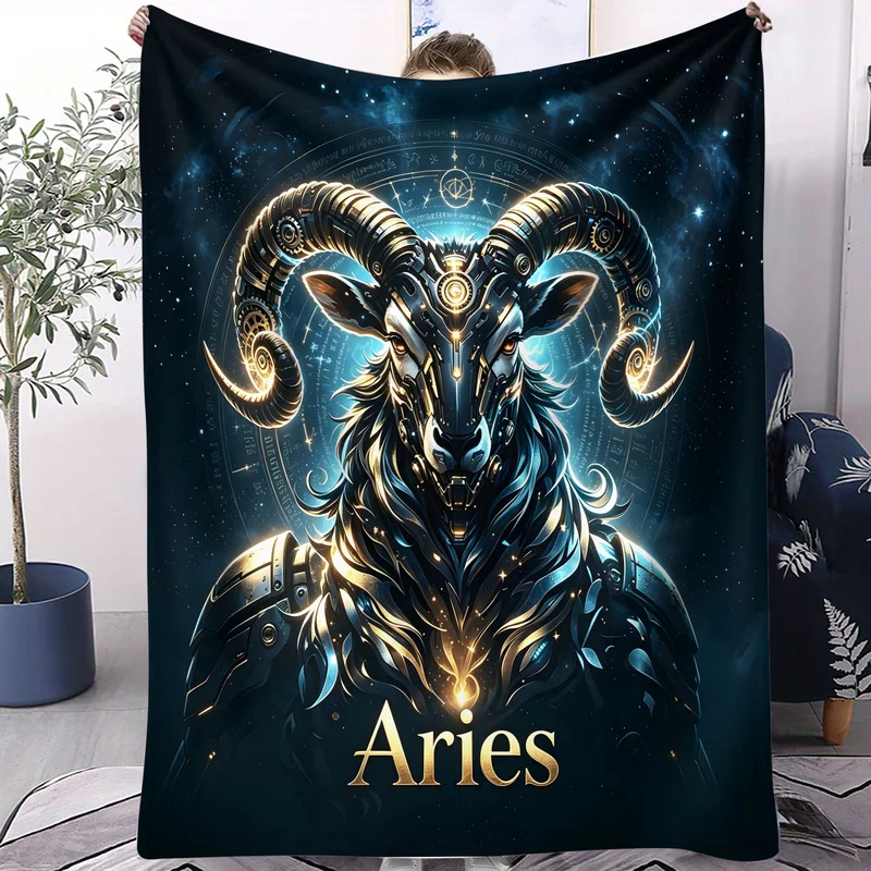 Zodiac Blanket, Polyester, Optional Sizes, Soft‑Touch, Warm Cozy, Sci‑fi Mechanical Zodiac Galaxy Starry Print