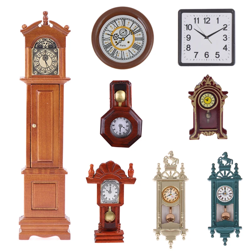 Vintage 1/12 Dollhouse Miniature Grandfather Clock Wooden Mini Model Furniture Toy DIY Doll House Decoration Accessories