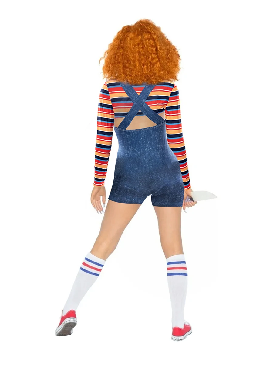 Women 2 Pcs Halloween Costumes Scary Nightmare Killer Wanna Play Movie Character Bodysuit Chucky Cosplay Costume Set or Jumpsuit