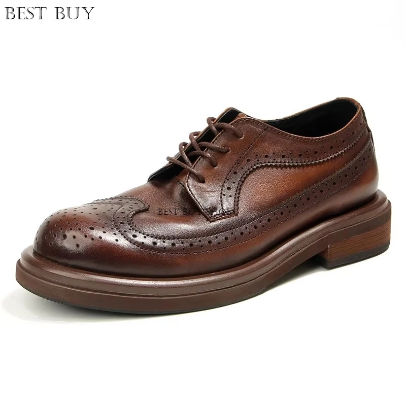 2024 Spring Autumn Fashion Men's Dress Shoes Fashion Real Leather Man Footwear Block Design British Stylish Man Shoes Boys