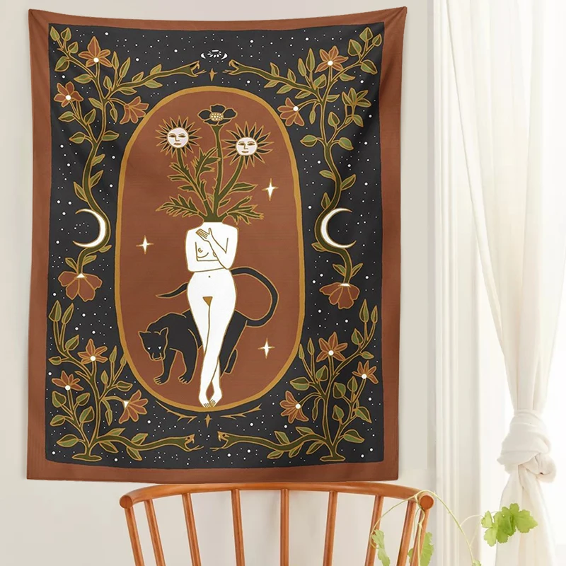 Moon Phase woman Tapestry tarot Witchcraft Moon leopard snake Goddess Sun Moon starry sky Wall Hanging Decor plant flower poster