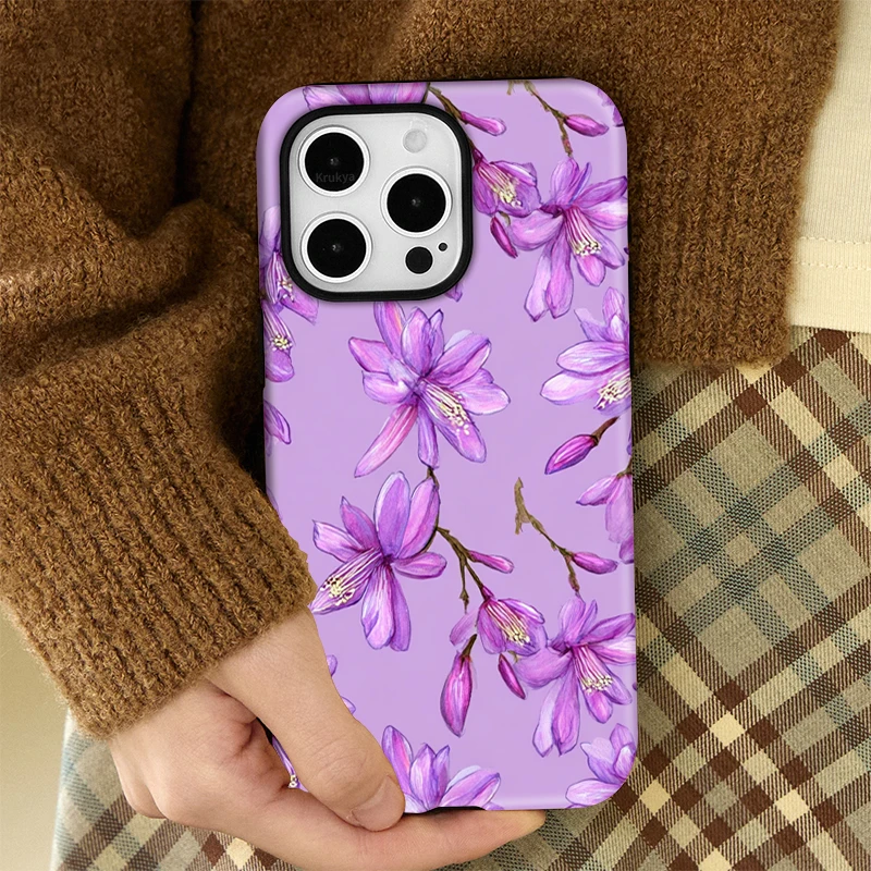 Krukya الأرجواني زهرة طباعة جراب هاتف آيفون 17 برو ماكس 17 الهواء 16 15 زائد XR XS SE 11 12 13 14 برو ماتي غطاء سيليكون #6