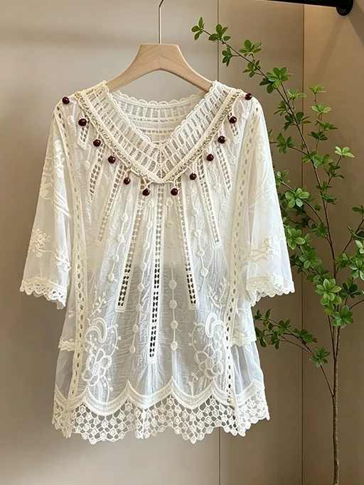 

Новая летняя женская блузка больших размеров с цветочным узором, рукавом 3/4, свободного кроя, скрывающая живот, повседневная, с коротким рукавом, удобная, дышащая