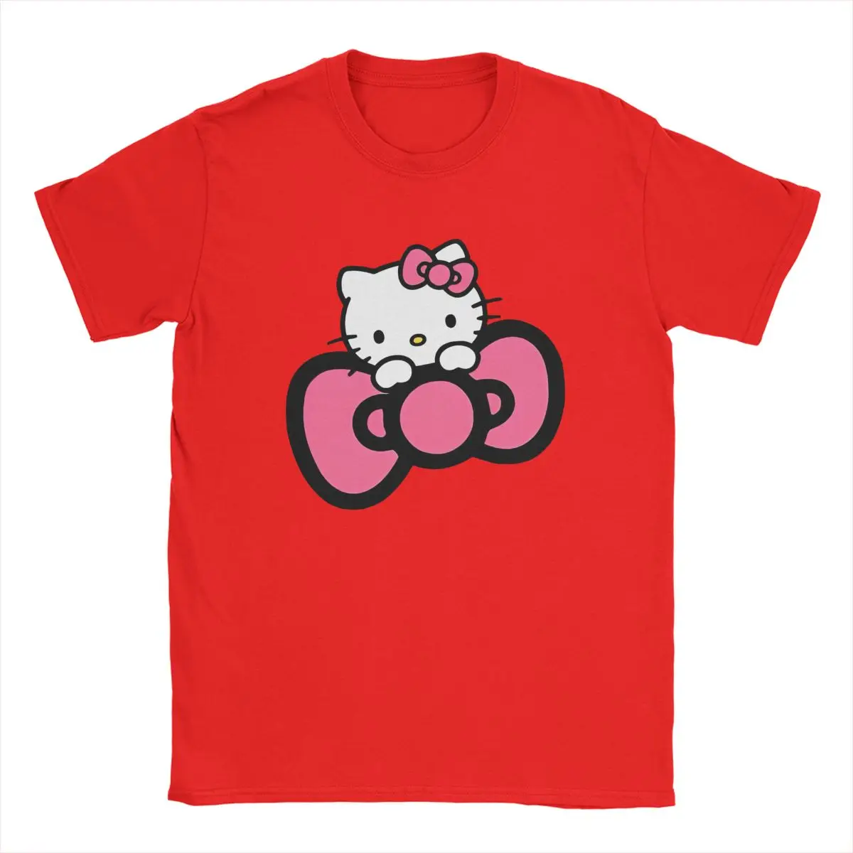 Men T Shirt Official Cute Pink Hello Kitty Hold Bowknot Crazy Tee Short Sleeve Round Neck T-Shirts Cotton Graphic Printed Clothe