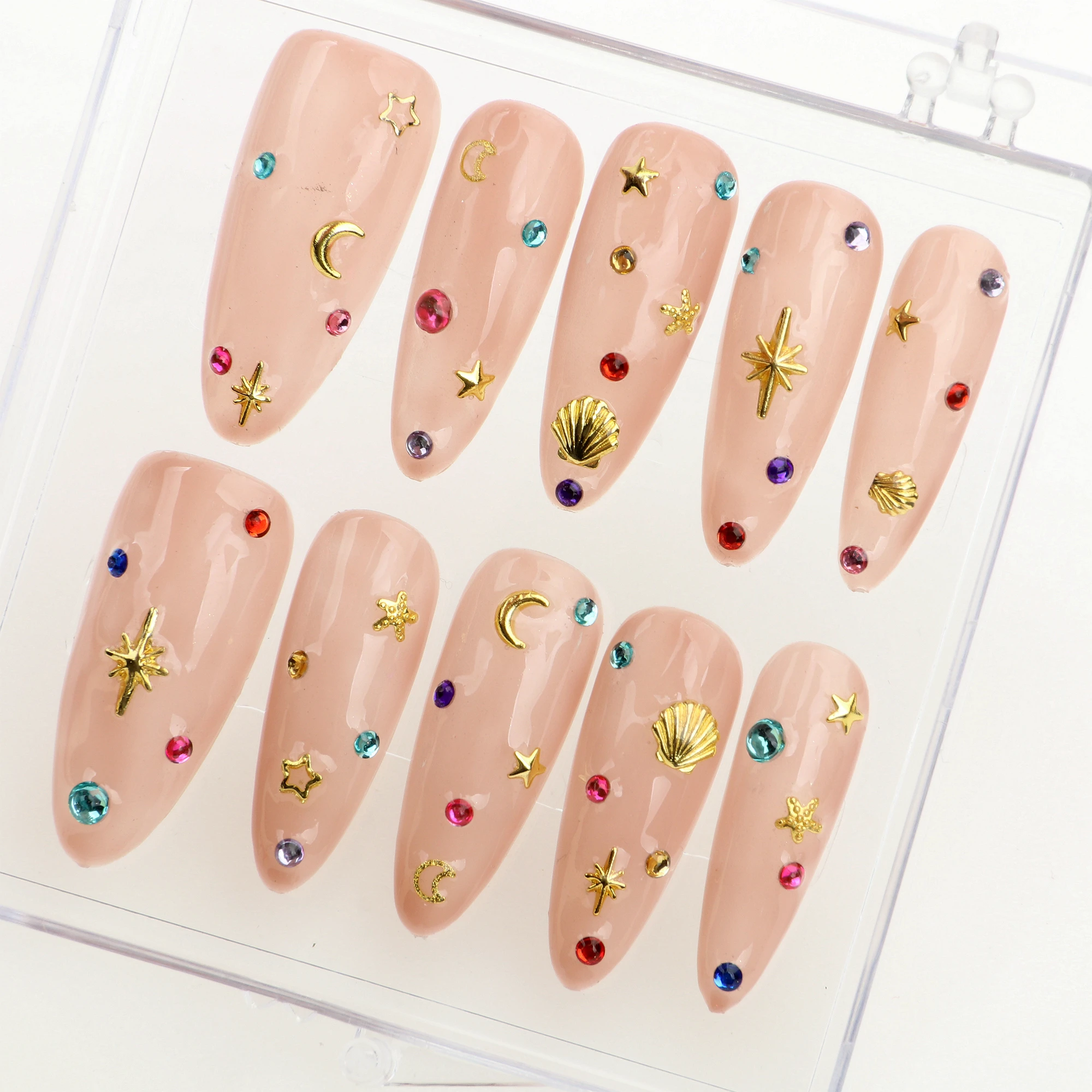 10Pcs Festive Elegance:Almond Press On Nails with Colorful Gems and Gold Sparkle Perfect for Christmas Nights and Gifts for Her