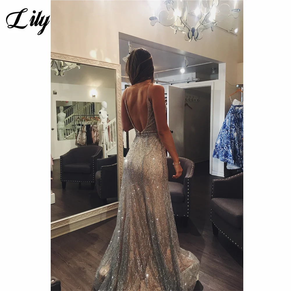 Lily Fashion Silver فساتين السهر  V-Neck Mermaid Prom Dresses Sexy Open Back Evening Dresses Slim Fit Sequin Party Dress