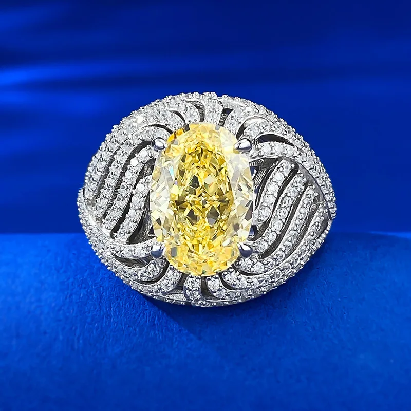 

S925 silver European and American egg shaped colorful yellow ice flower cut 8 * 12 high carbon diamond ring niche design 5-9 # o