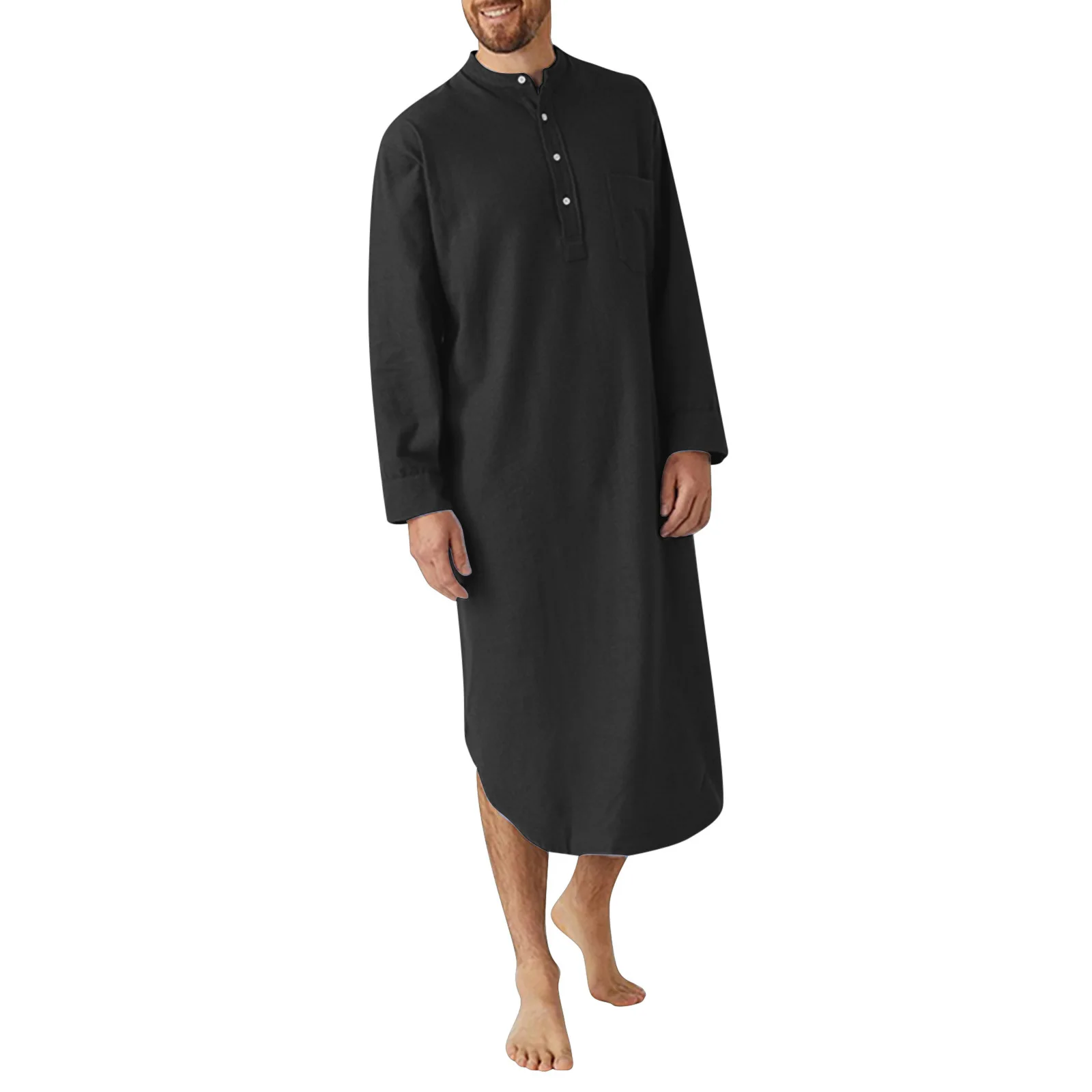 Männer Button-down Schlaf Roben Einfarbig Stehkragen Langarm Nachthemd Mode Komfortable Hause Tragen Lose Bademäntel m-3XL – Detail 21