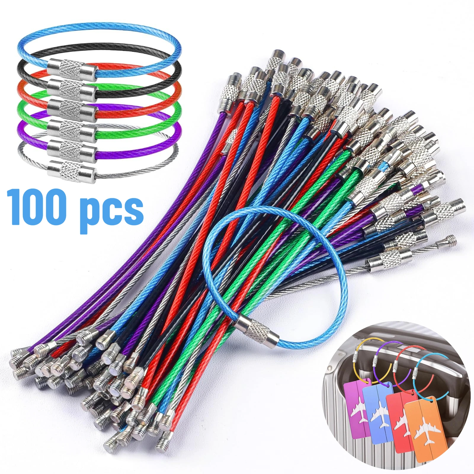100-pack Multiple Color Wire Keychain Cable Stainless Steel Key Ring Loop Holder for Luggage Tag Keeper for Travel
