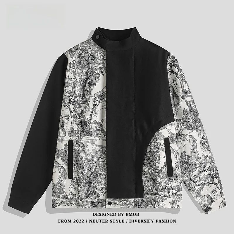 

BMOB Chinese Sle Watercolor Painting Patchwork Stand Collar Jaet Men's Spring Autumn Loose Casual Outerwear