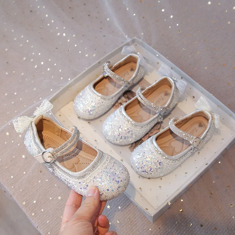 

Children's Flat Shoes Spring and Autumn Girls Sequins Decorative Glittering Mary Jane Shoes Bow Decorative Ballet Shoes.