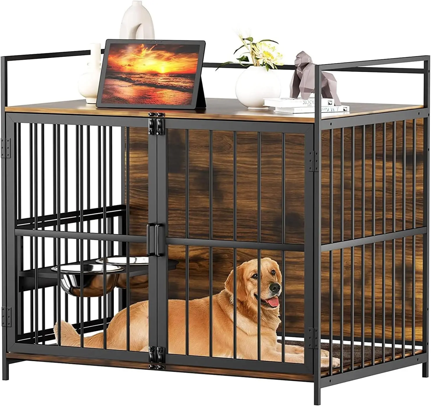 Gaya furnitur peti anjing besar dengan 360 ° & tempat makan yang dapat disesuaikan untuk anjing 2 mangkuk baja tahan karat-alas meja rumah