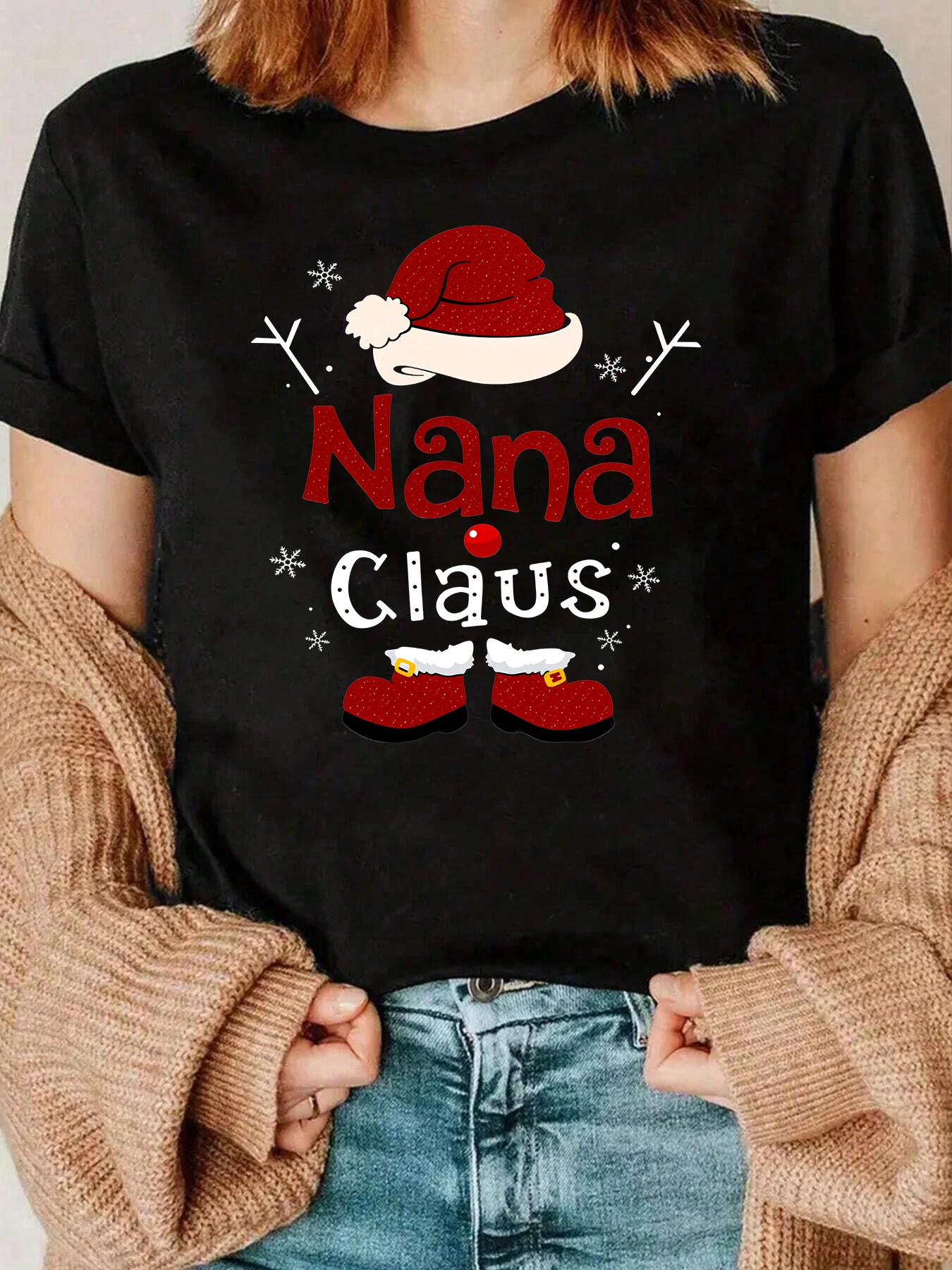 

Nana Claus Santa Hat And Boots Print Christmas T-Shirt Holiday Party Women 220g