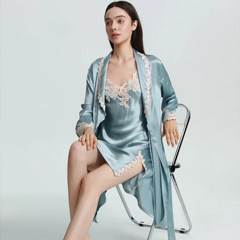 

19MM 100% Mulberry Silk Lapel Robe and Split Nightdress 2pcs Set Lace Trim Mini Sling Chemise Nightgown with Kimono Bathrobe PJS