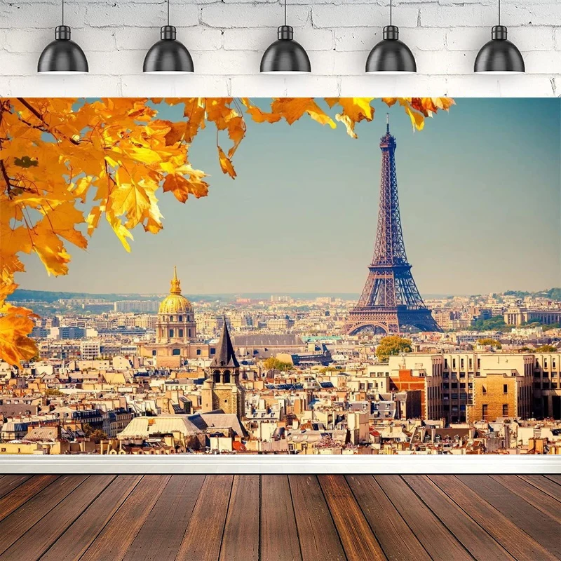 Eiffel Tower Photography Backdrop France Cityscape City Buildings Background Yellow Leaves Autumn Scenery Paris Backdrop Travel