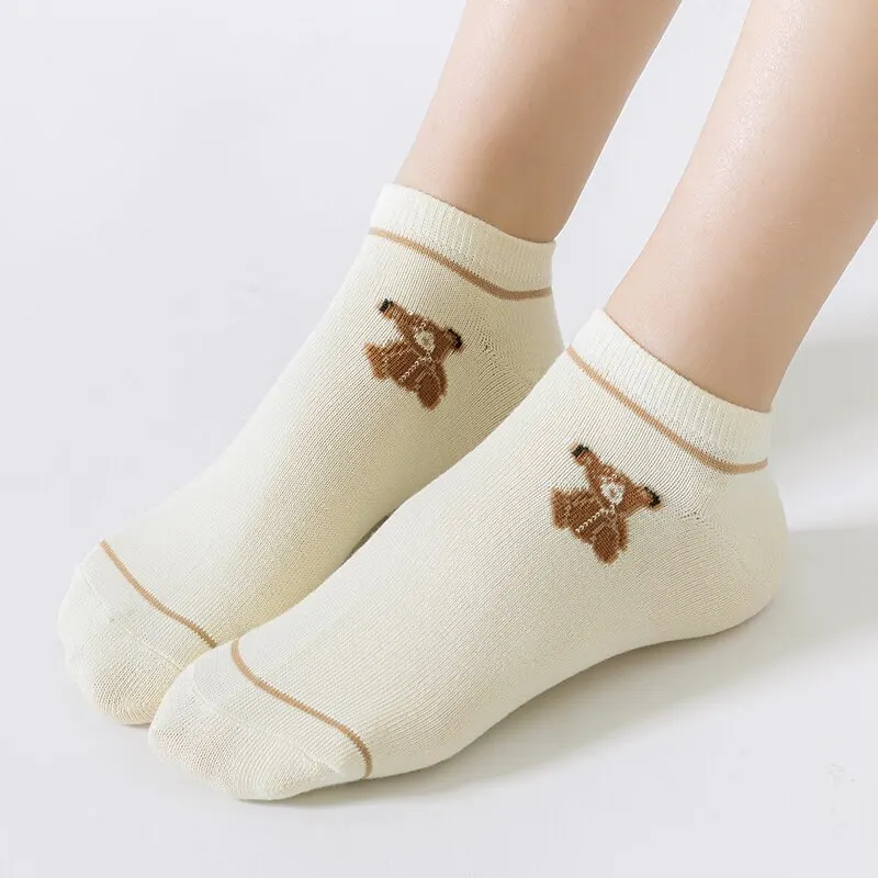 5 Pairs Women Low Tube Socks Set Cute Bear Pattern Fashion Breathable For Female Casual Style Comfortable Socks