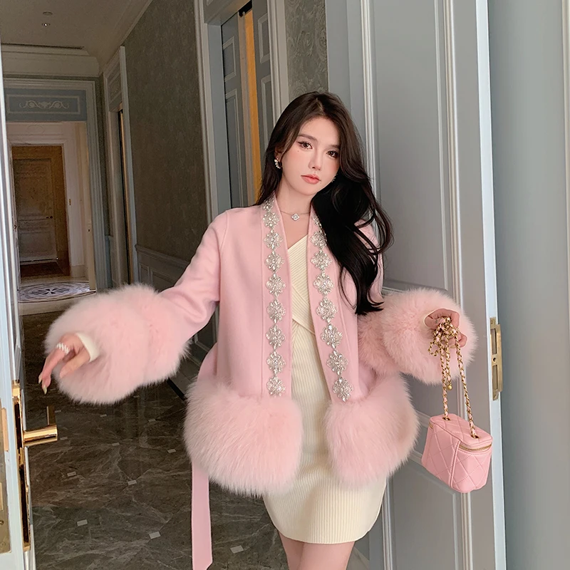 Streetwear 2022 Natural Real Fox Fur Coat Women Winter Warm Luxury Fur Jacket with detachable real fox fur cuff wholesale   NQ01