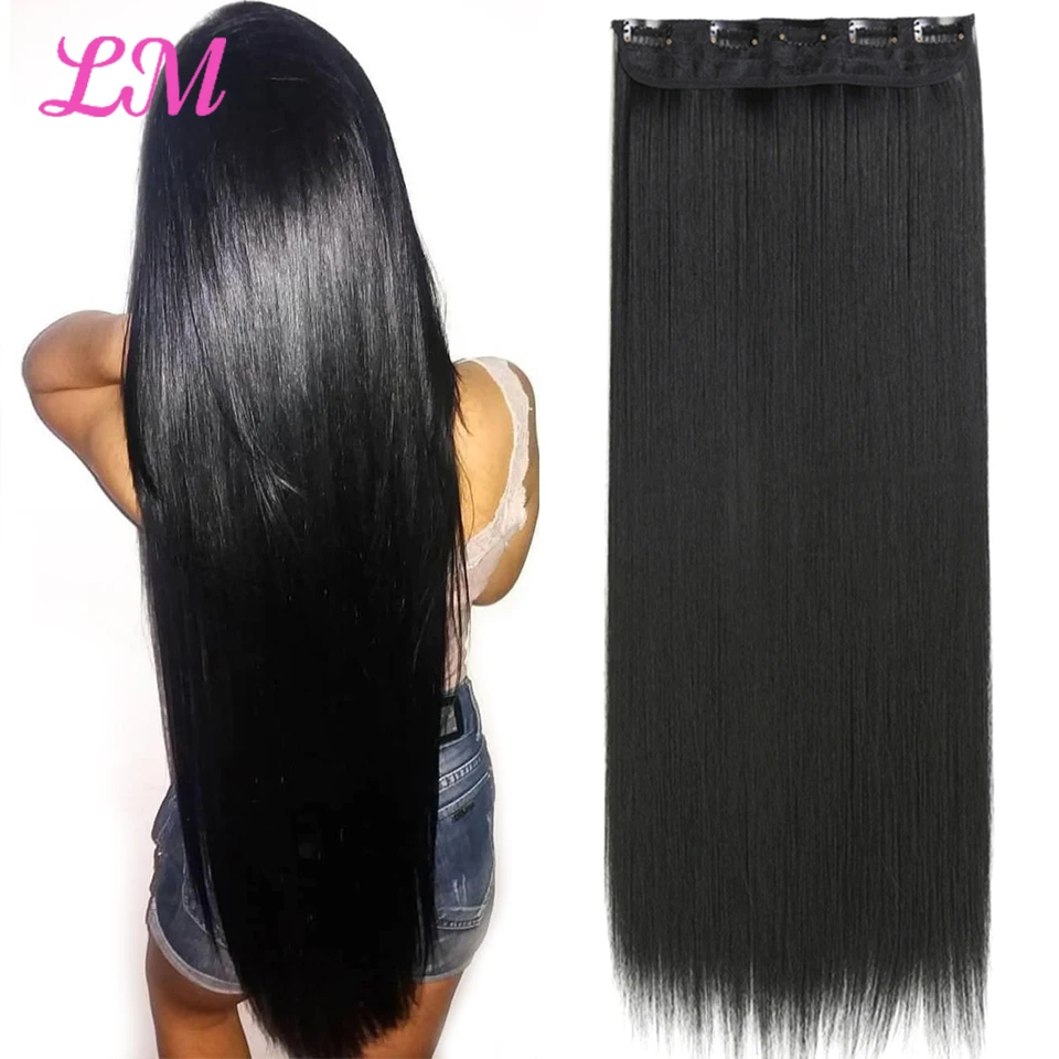 LM-extensiones de cabello sintético para mujer, largo y liso postizo, color negro, marrón y Rubio, 80CM, 5 clips