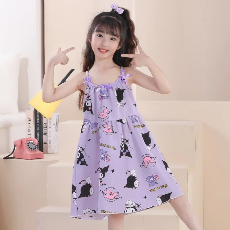 

Sanrios Kuromis Children's Pajamas Girls Slip Nightdress Summer Thin Bubble Cotton Cartoon Skirt Home Dress Pajamas for Girls