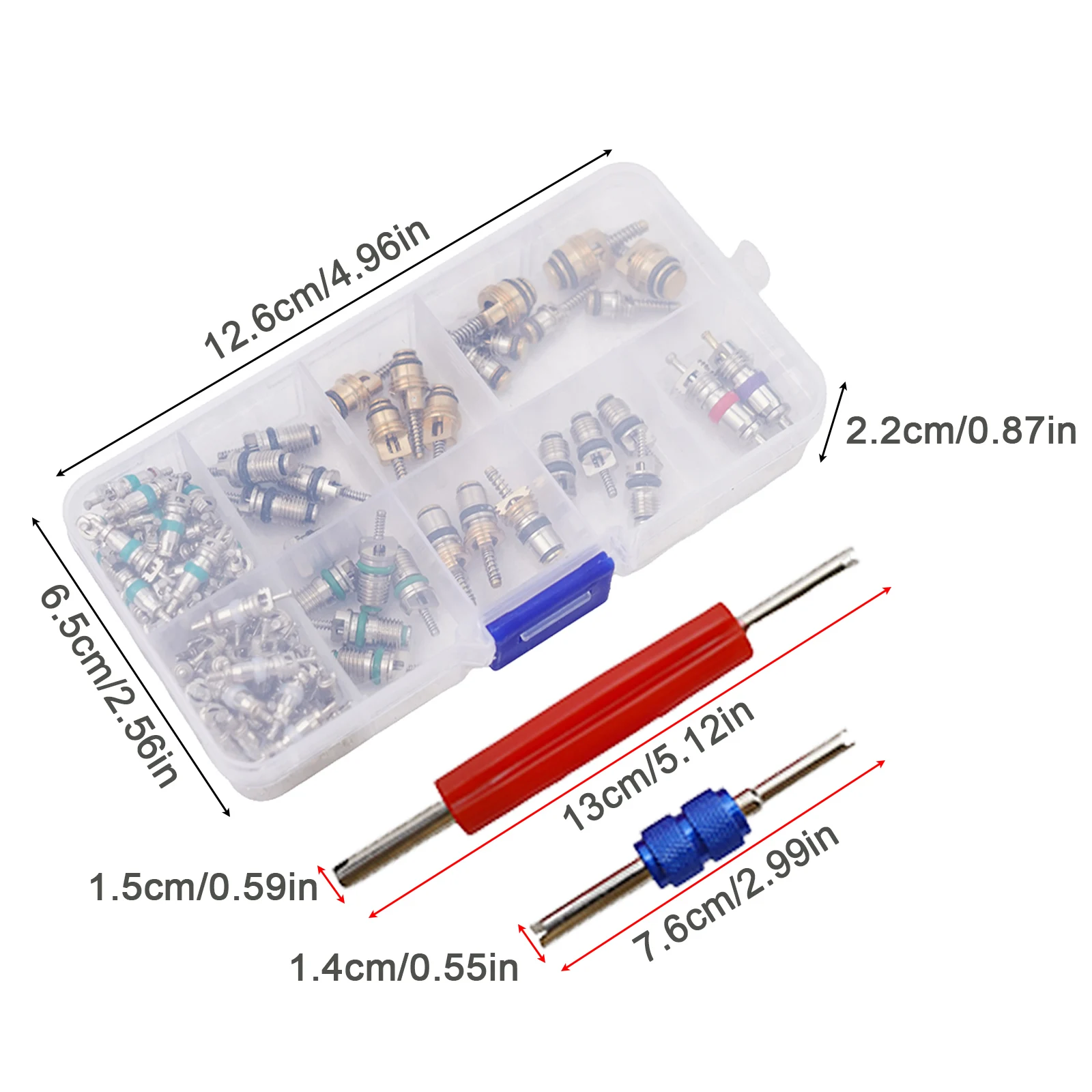

For R134a Auto Air Conditioning Valve Core Tool Set with 100 Cores and 2 Removal Tools for Fast and Easy Maintenance