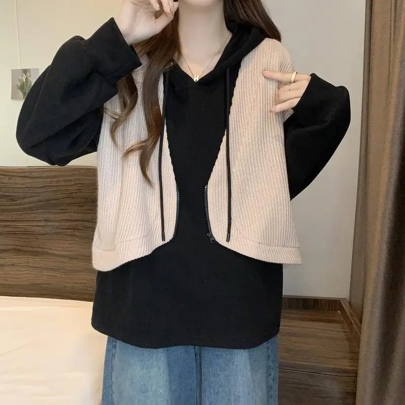 New Style Autumn and Winter Women\'s Contrasting Color Hooded Long Sleeve Fake Two Pieces Oversized Fashionable Casual Tops