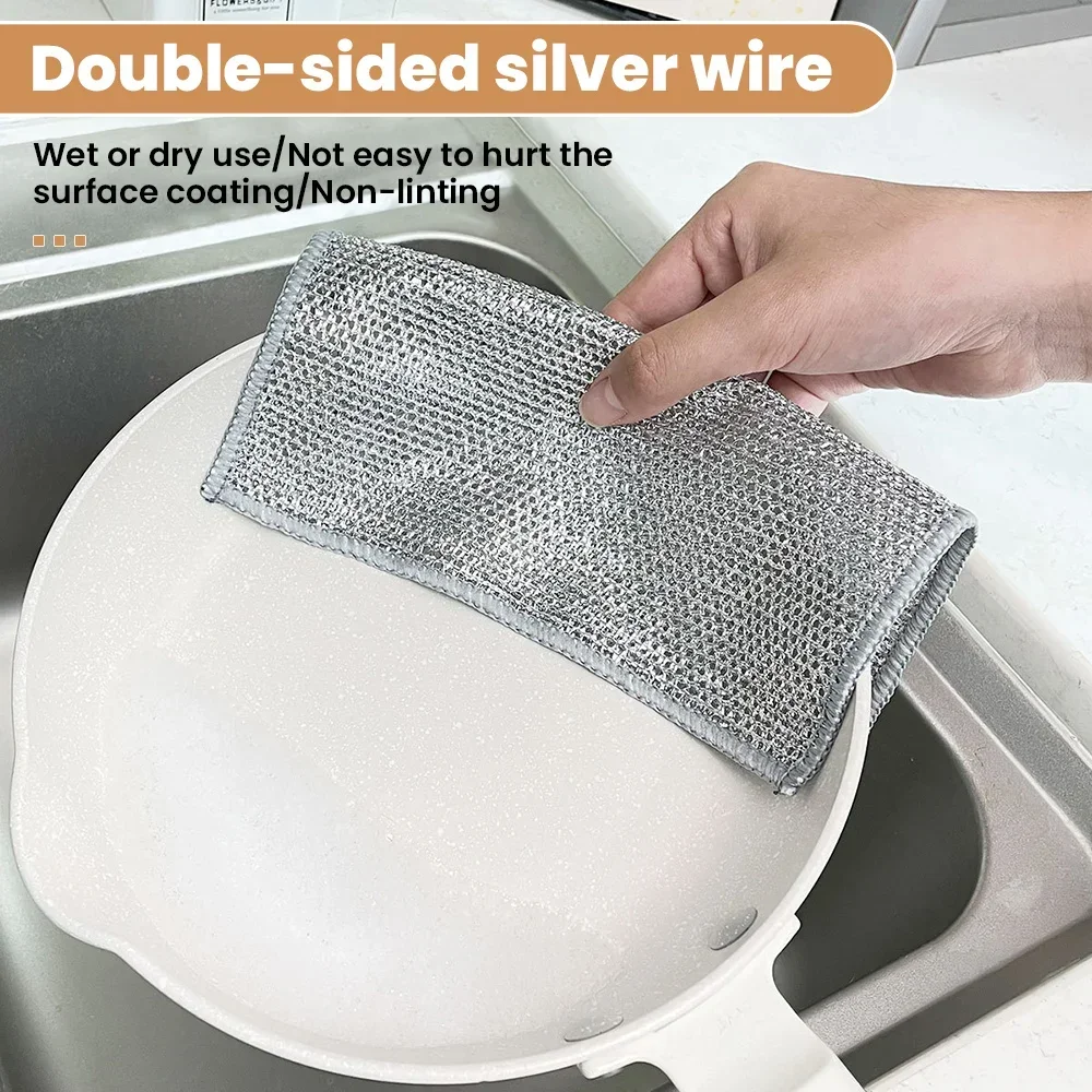 20cm Steel Wire Cleaning Cloth Double -layer Non -stick Oil Iron Dishrag Kitchen Pan Pot Dishes Cloths Rag Napery Dishcloth Rags