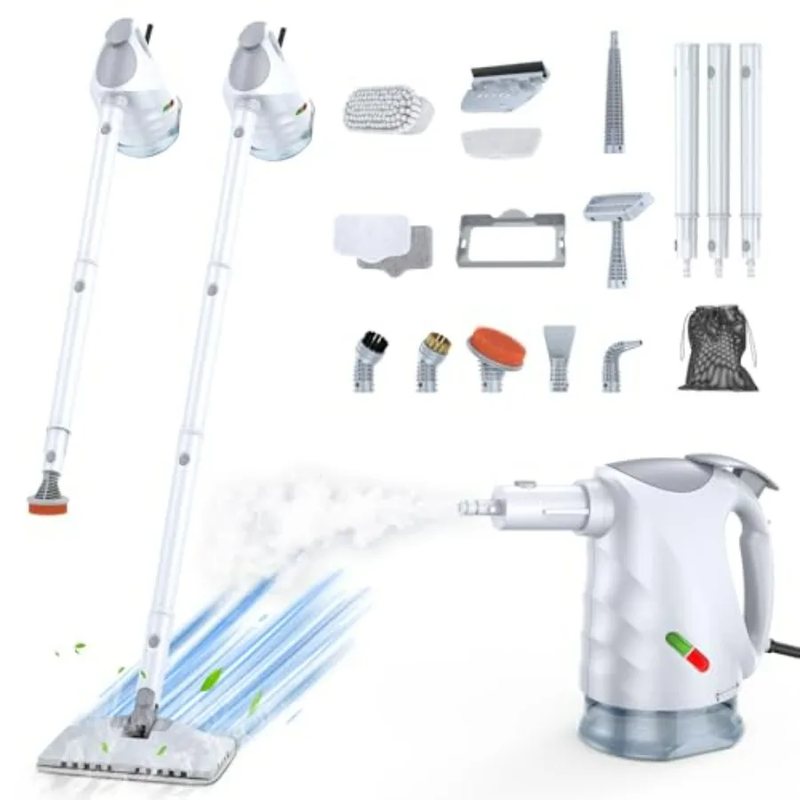 

10-in-1 steam cleaner for kitchen floor tiles window BBQ grill car, bright white ABS plastic, fast-heating in 10s, 320ml tank,