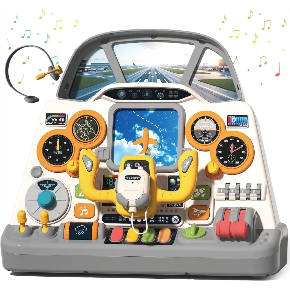 Cool Plane Dashboard Steering Wheel Toy, Light & Sound Pilot Simulation Set, Interactive Pretend Play Gift for Kids Ages 3+