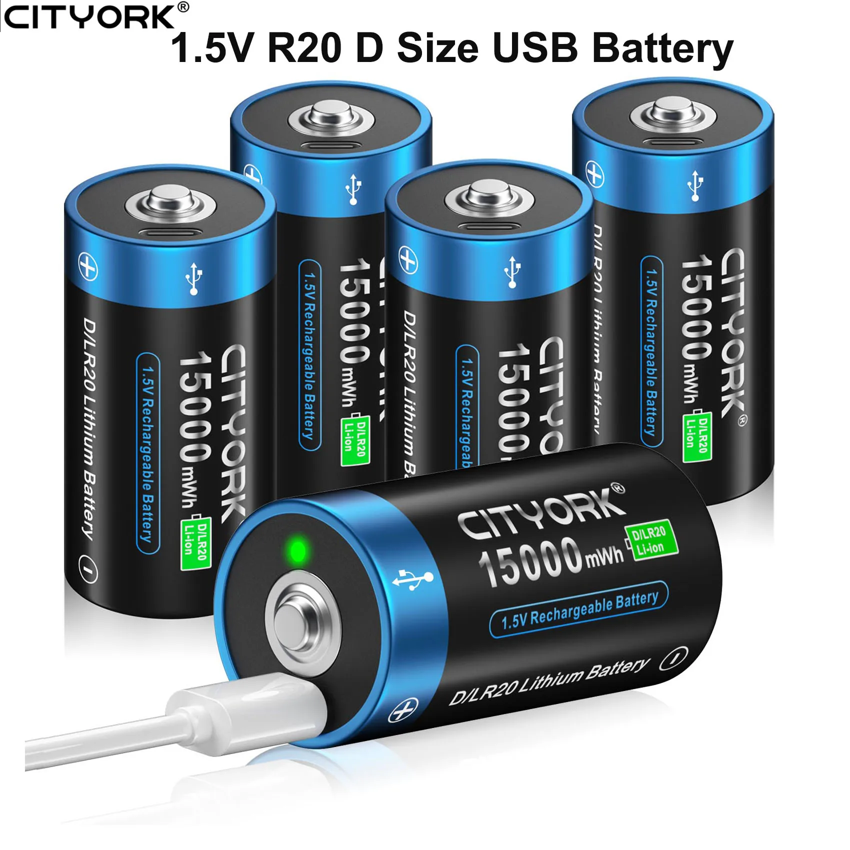 1,5V D-Größe 15000mWh R20 USB-Batterie mit Typ-C USB, für Gasherd, Taschenlampe, Warmwasserbereiter, Notbeleuchtung, Li-Ionen-Batterie