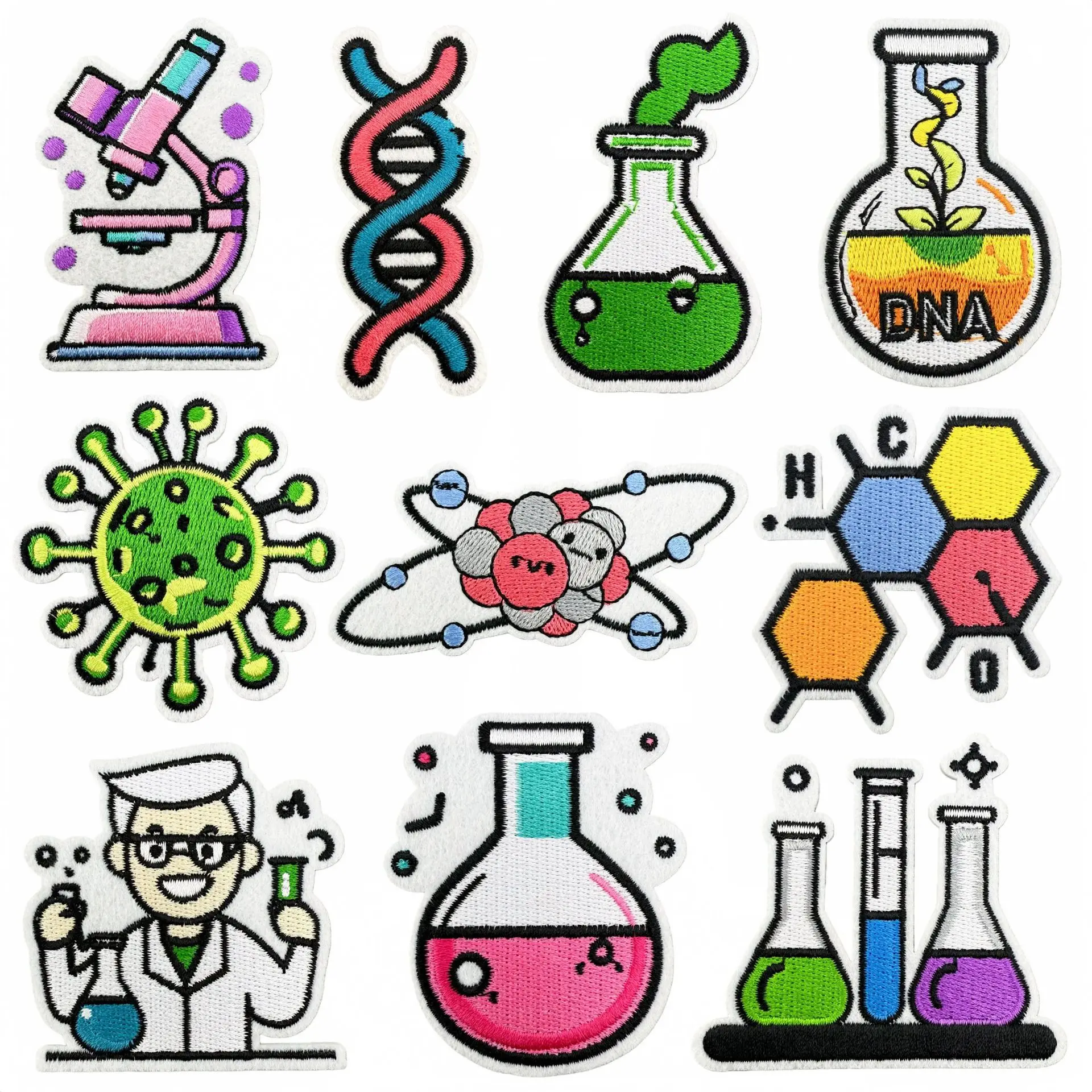 10Pcs Cartoon Science Mixed Embroidery Iron On Patches,Chemistry Microscope DNA Atom Scientist Applique for Clothes Trucker Hat