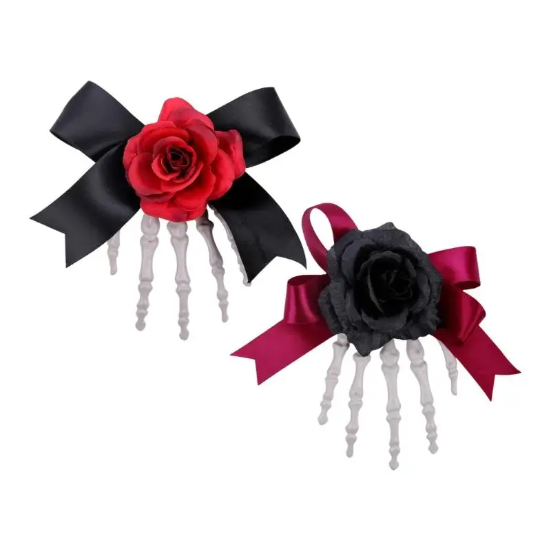 

39BB 1pc Haunted Skeleton Hand Hair Clip Contrast Rose Bows Practical Plastic For Themed Dressing Up Event