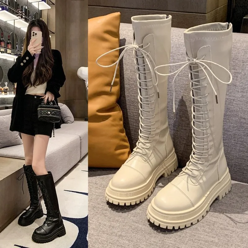Botas de caballero de caña alta para mujer, con cordones, suela gruesa, zapatos de tacón alto hasta la rodilla para otoño e invierno