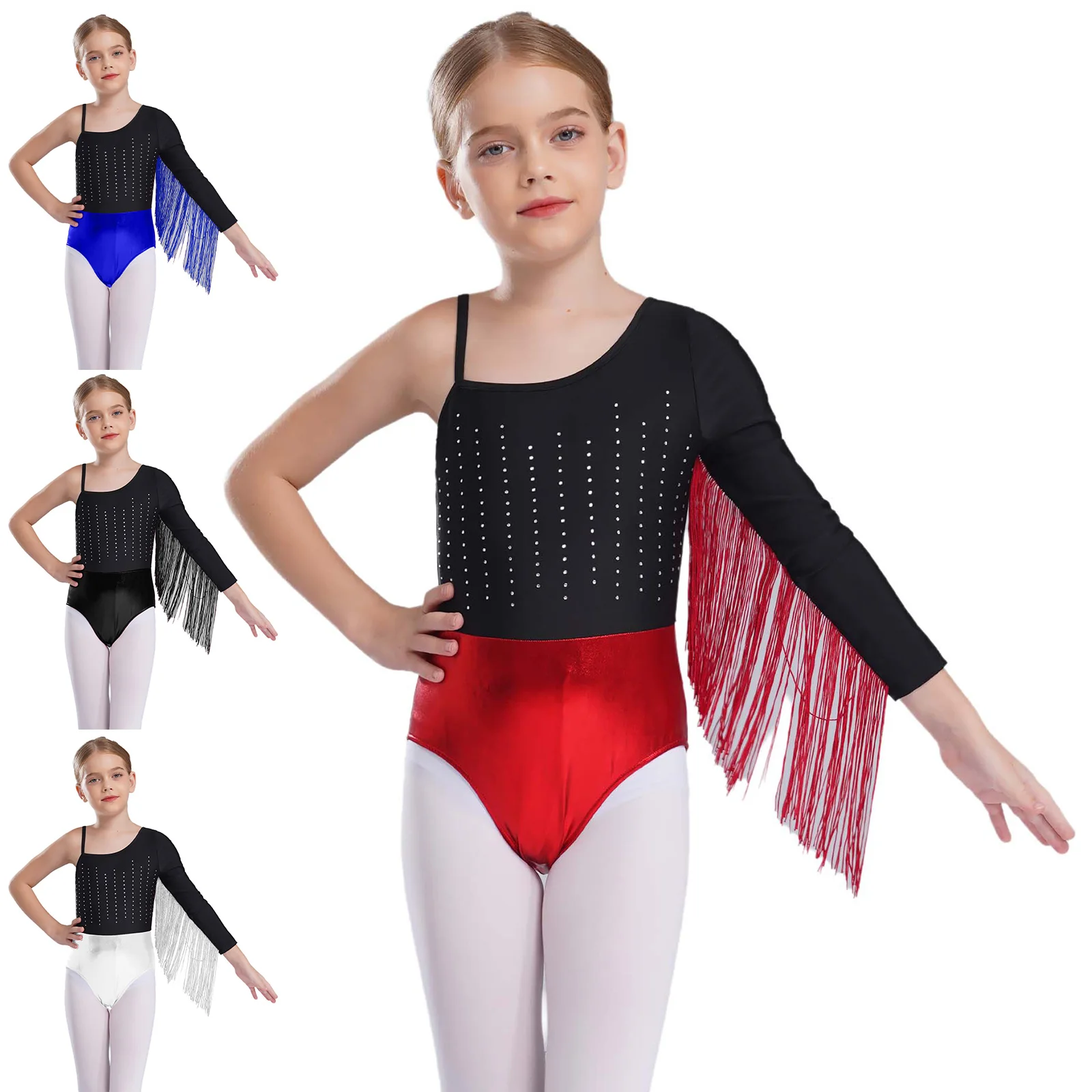 

Kids Girls Fringed Long Sleeve Jersey Tops Tassel Ballet Latin Jazz Rumba Cha Cha Dance Leotard Costume Performance Dancewear