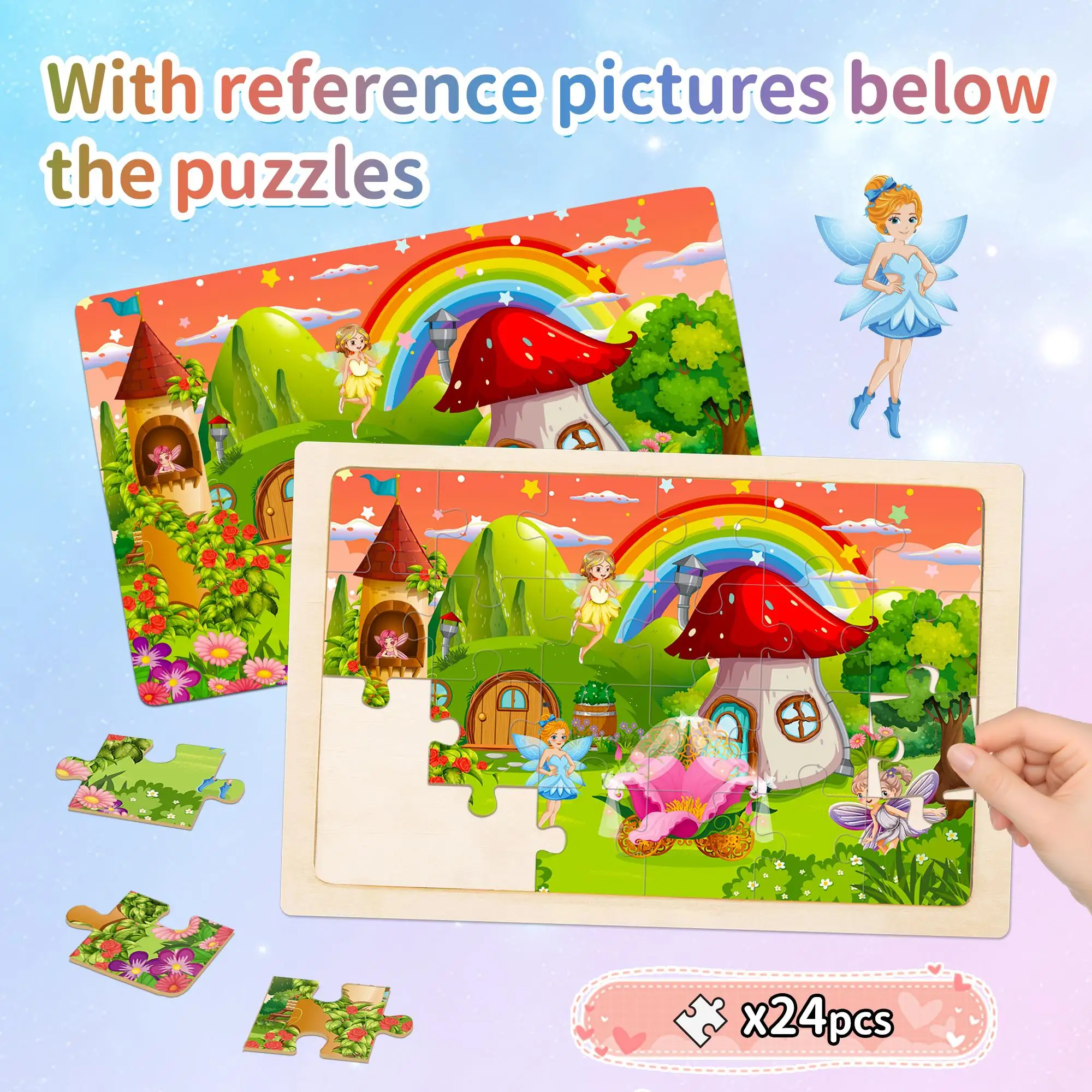Puzzle in legno per bambini di età compresa tra 3 e 6 anni, design fata sirena principessa unicorno, giocattolo educativo, gioco di apprendimento prescolare in confezione da 4