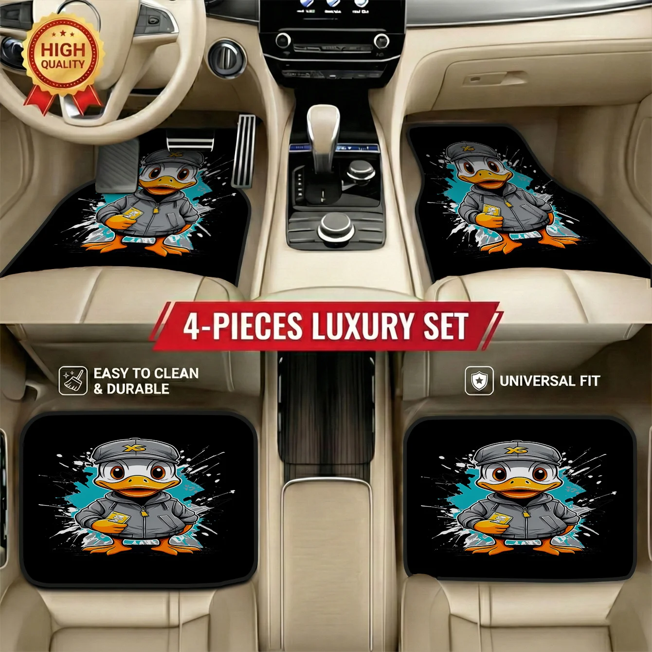 4pcs Stylish Car Mats Featuring Duck Character Design, Modern Interior Accessory, Universal Fit For Hatchbacks Saloons, Easy Car