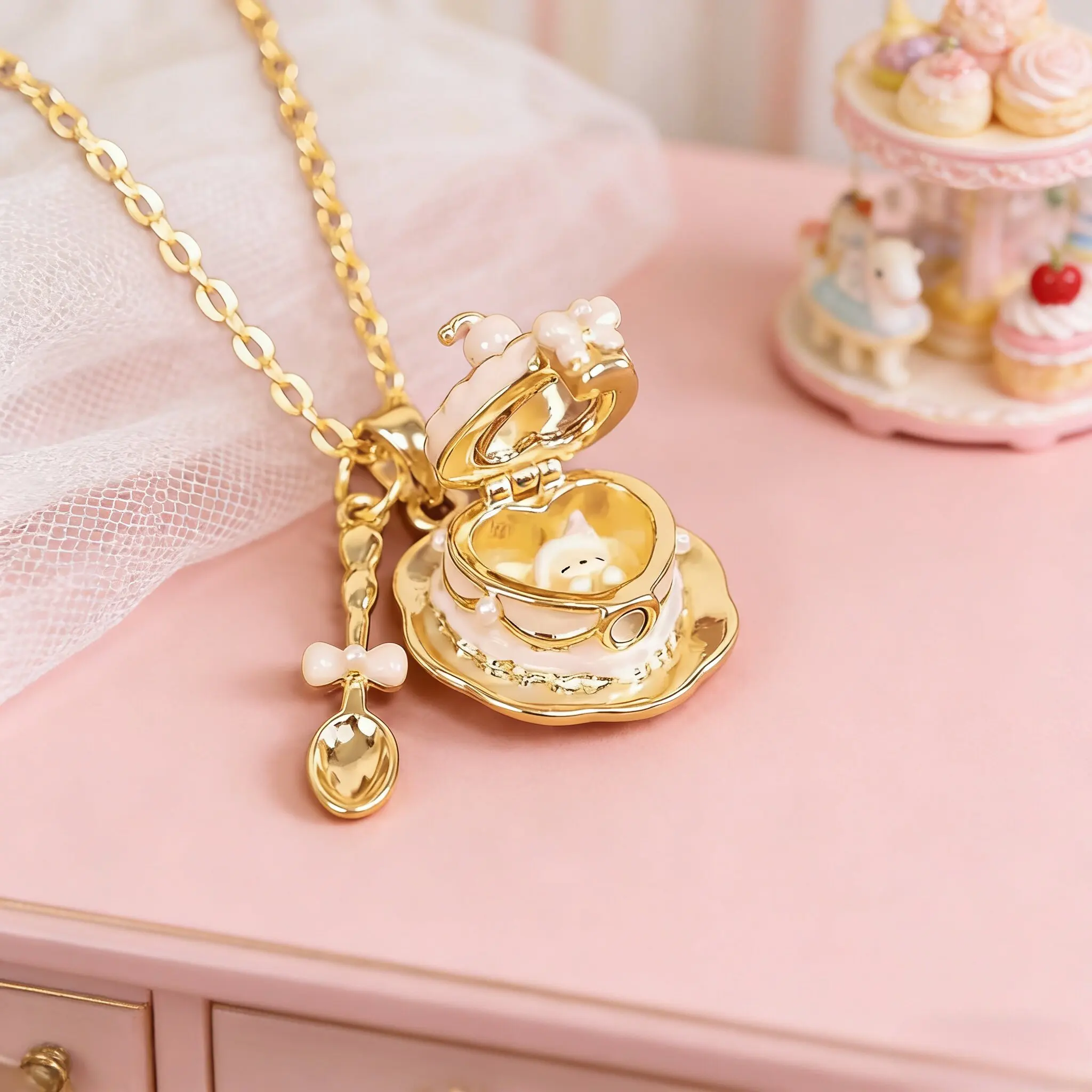 Sweet Pastel Bunny Heart Locket Necklace Bow Cake Cup Charm Dainty Clavicle Chain Cute Jewelry Gift For Girls