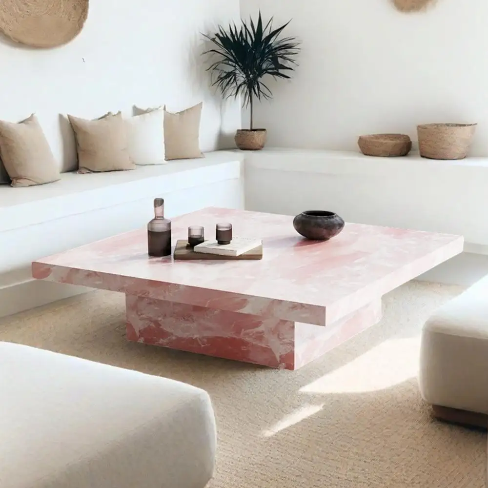 Square Jade Marble Coffee Table, Artistic Designer Luxury Stone, Heat & Scratch Resistant, Natural Veining, Customizable