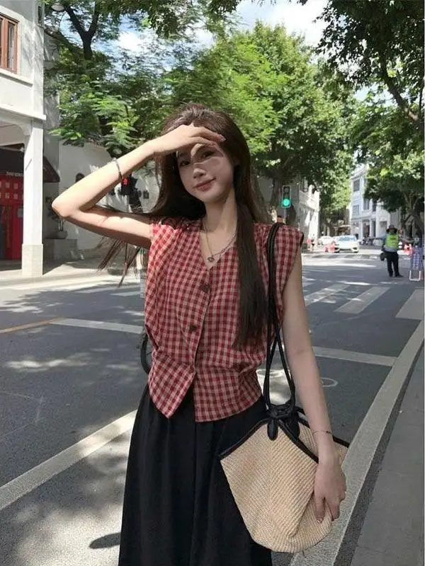 

Retro Red Plaid Svel Vest Women's Design Summer Outerwear Waist-Cinched Top V-Ne Loose Fit Regular Length irt