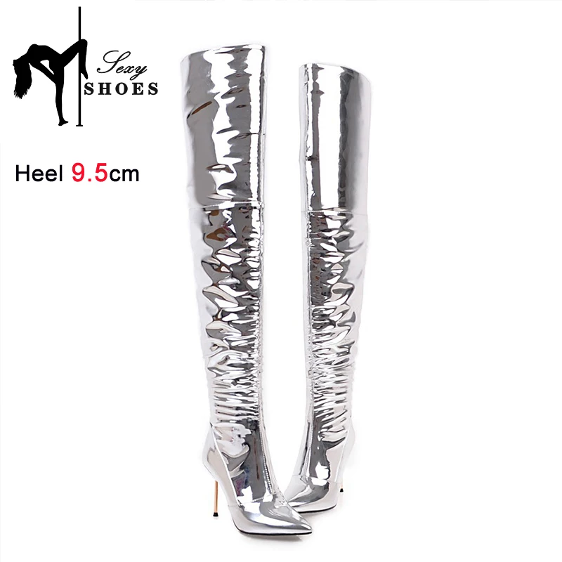 Silver Thigh High Boots Ladies Fetish High Heels Nightclub Over Knee Dancing Shoes Big Size 43 Winter Pointy Toe Boots For Women