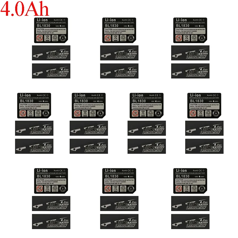 10 conjuntos de etiqueta bl1830 bateria de íon-lítio 18v etiqueta adesiva para makita 18v 3ah 4ah 5ah 6ah 9ah bl1860 bateria logotipo chave de martelo broca