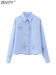 Zevity, blusa corta con bordado de flores y lentejuelas a la moda para mujer, blusa corta elegante de manga larga para oficina para mujer, Blusas, Tops LS4746