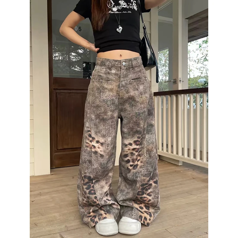 

ZHIZOU Women Leopard print Y2k Jeans Baggy Aesthetic Denim Trousers Harajuku Streetwear Jean Pants Vintage 2000s Trashy Clothes