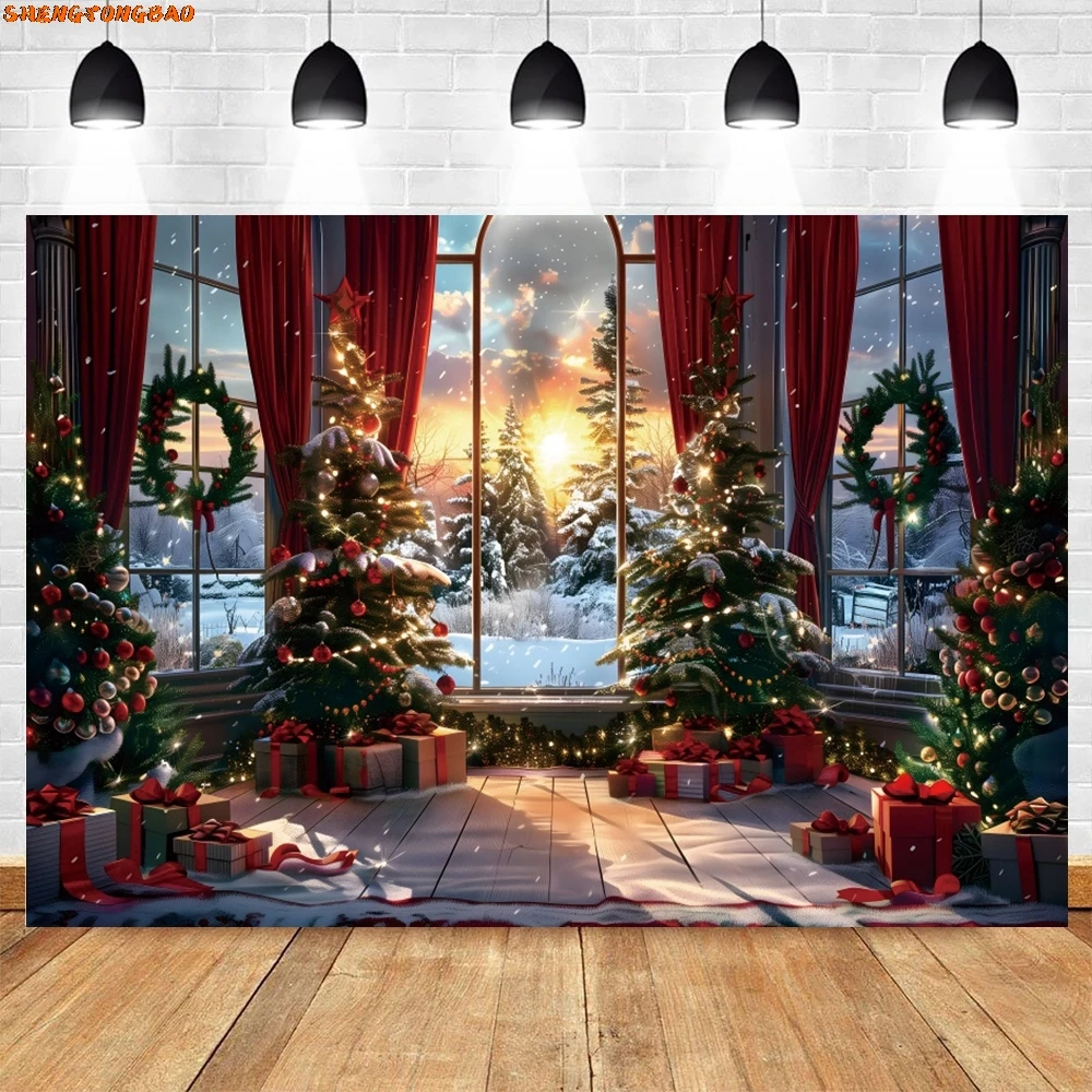 AI Christmas Tree Window Backdrop Gifts Wreath Baby Kids Portrait Xmas Party Photography Background Decor Photo Studio Props