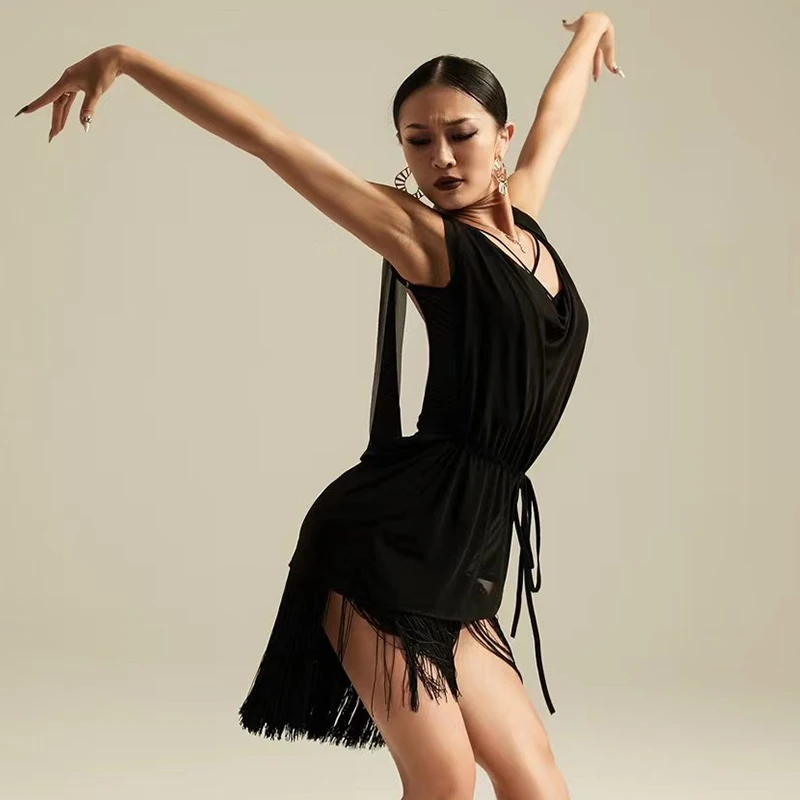 

Black Mesh Latin Dance Dress Women Adult Practice Clothing Backless Tops Fringe Skirt Rumba Samba Salsa Dance Costume DNV18332
