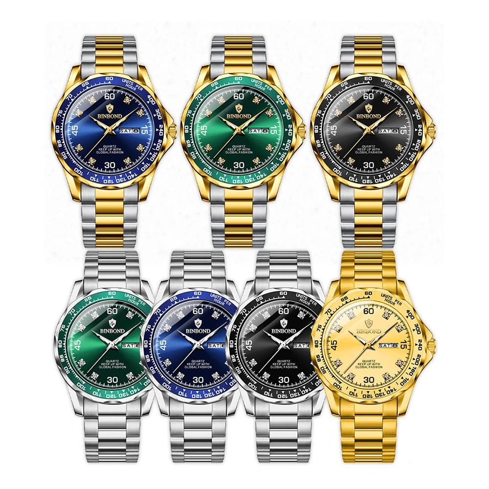 BINBOND Orologi da uomo d'affari Orologio da polso al quarzo originale moda classica Orologio da uomo in acciaio con data e settimana luminosa impermeabile