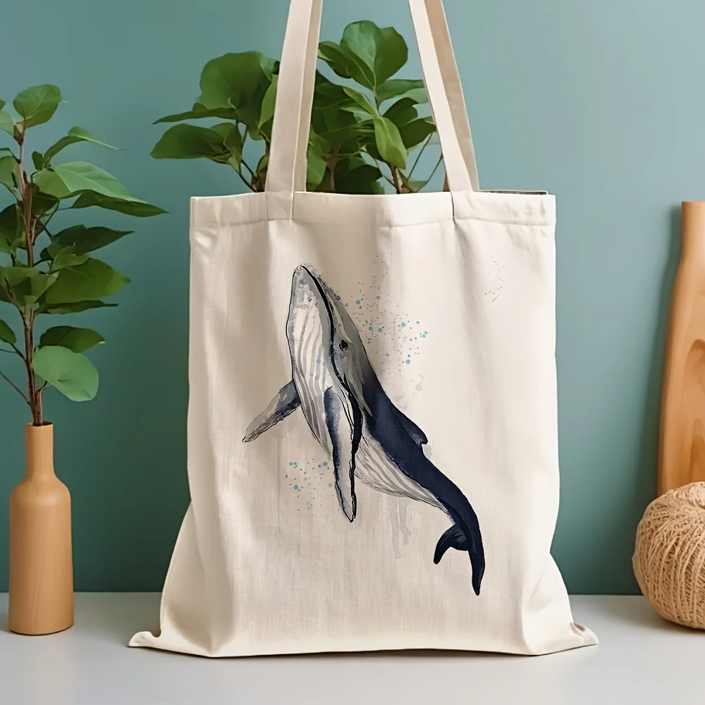 Watercolor Whale Printed Winter Canvas Handbag Grocery Shopping Bag Double-Sided Printed Handbag with Fixed Shoulder Straps